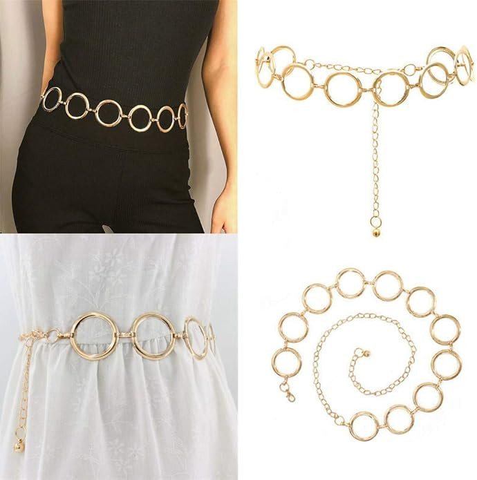45.3In Gold Vintage Women Waist Chain, Metal Wide Circle Belt Adjustable Body Harness for Jeans D... | Amazon (US)