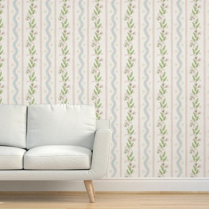 Grandmillennial Grasscloth Wallpaper - Emma Stripe by danika_herrick - Cottage Stripe Simple Flor... | Etsy (US)