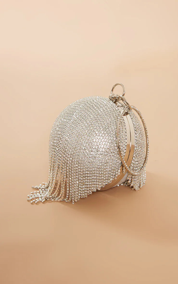 Silver Diamante Tassel Sphere Clutch | PrettyLittleThing UK