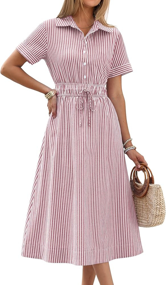 ANRABESS Womens Summer Midi Dress Short Sleeve Striped Plaid Button Collar Shirt Dresses 2026 Cas... | Amazon (US)