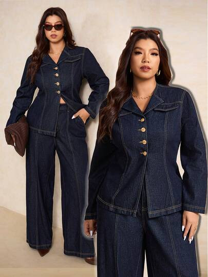 Elaquor Plus Size Women Metal Single-Breasted Denim Shirt And Wide-Leg Pants Casual 2 Pieces Set | SHEIN