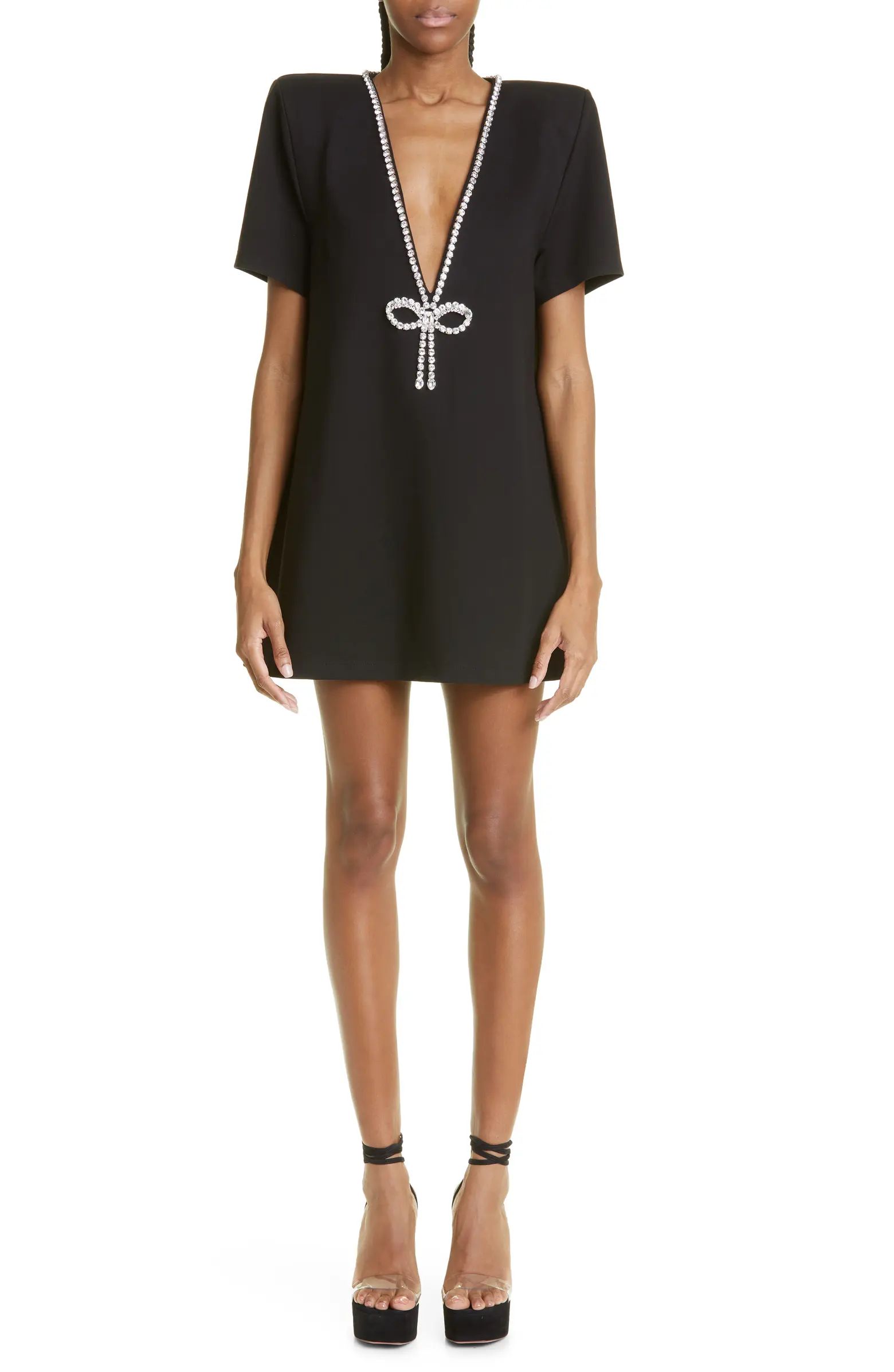 Crystal Bow V-Neck Ponte Knit T-Shirt Minidress | Nordstrom