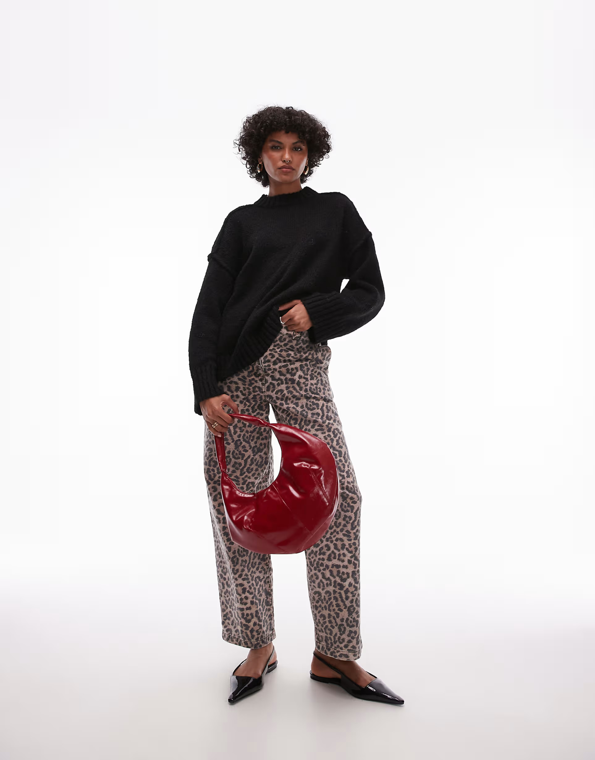 Topshop knit fluffy ribbed detail exposed seam crew oversized sweater in black | ASOS (Global)