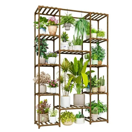 Bamworld Wood Plant Stand Indoor Outdoor, 62.2" Tall Flower Shelf Tiered Plant Stands for Multiple Plants Large Planter Holder Hanging Shelves Rack for Living Room Garden Balcony | Walmart (US)