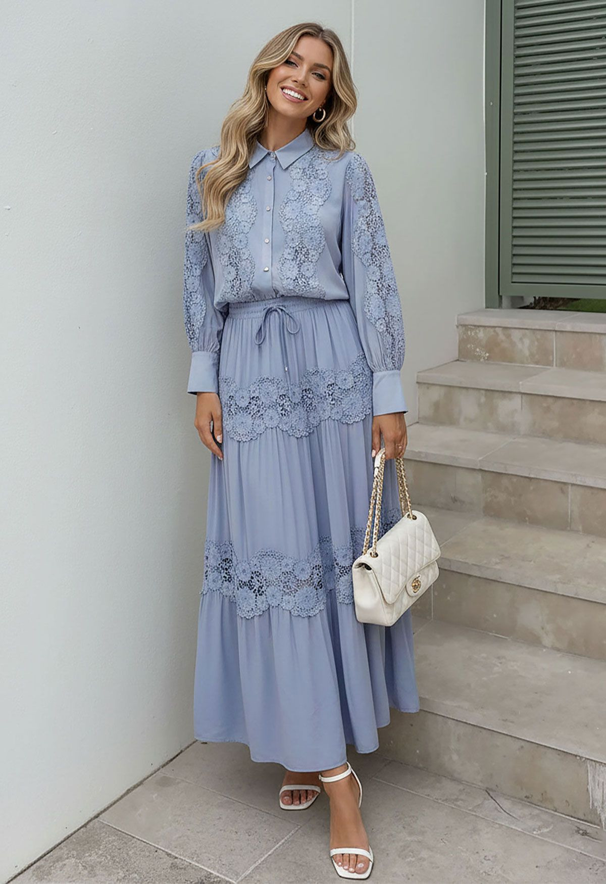 Floral Cutwork Lace Panel Buttoned Shirt and Maxi Skirt Set in Blue for Formal Dinners & Weekend ... | Chicwish