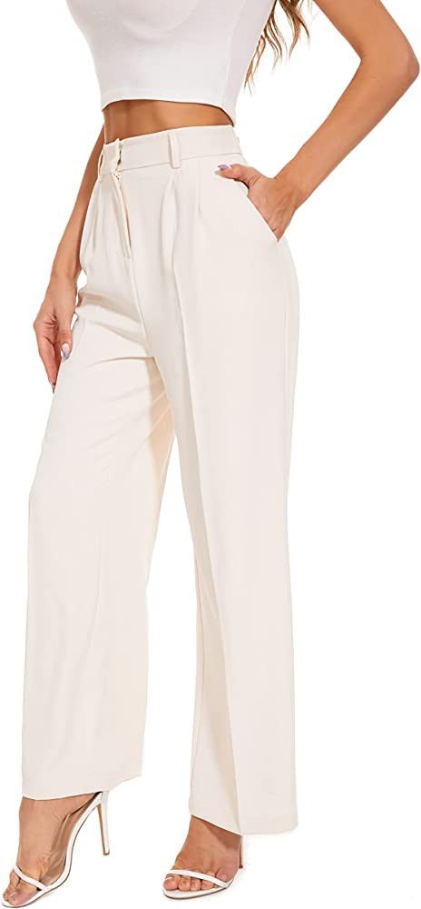 FUNYYZO Women's Wide Leg Pants High Elastic Waisted in The Back Business Work Trousers Long Strai... | Amazon (US)