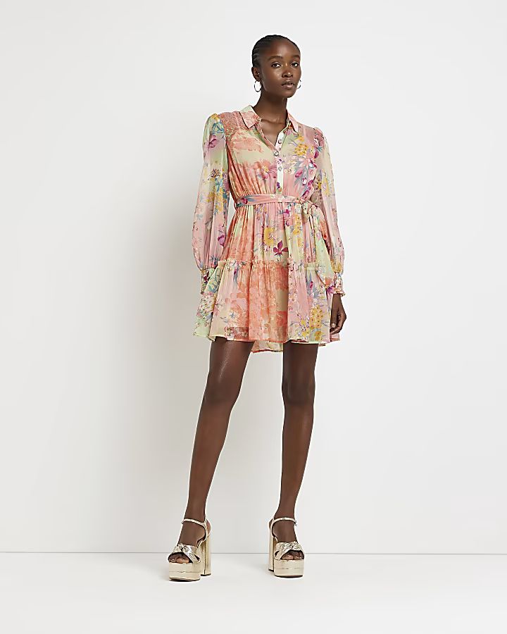 Orange floral long sleeve mini shirt dress | River Island (US)