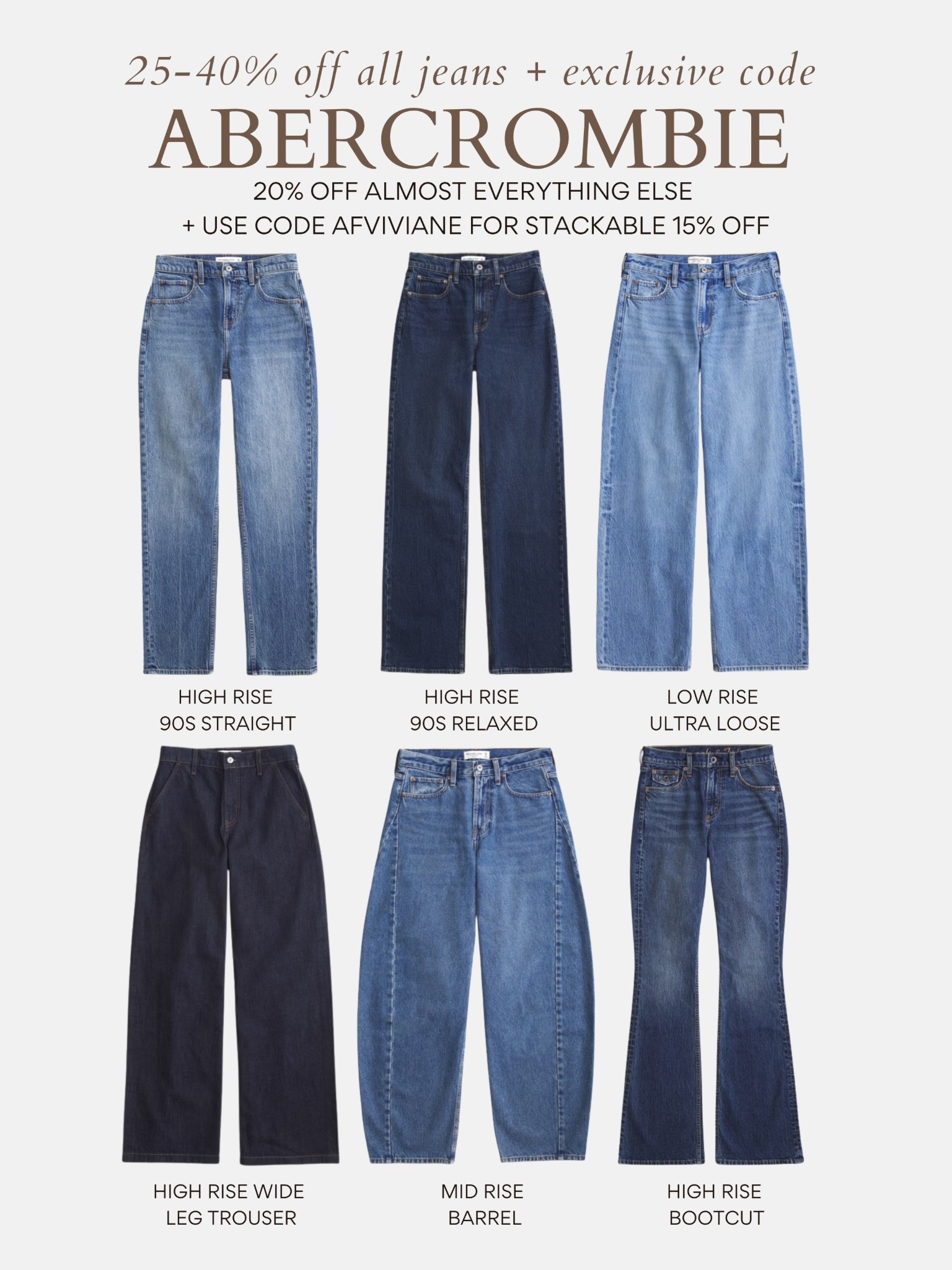 [1/29/26] Abercrombie viral denim event is live!! currently 25-40% off all jeans + 20% off everything else | use code AFVIVIANE for an additional 15% off your cart 

SIZING:
low rise ultra loose: true size 24, short when I want flip flops, regular if with heeled shoes 

High rise bootcut: true size 24, regular length with heeled shoes 

Mid rise barrel: true size, short or extra short with flip flops 

Wide leg trousers: true size, regular length for heeled shoes

High rise 90s relaxed: size 1 up, short for flat shoes & regular length for heeled shoes 

High rise 90s straight: size 1 up, extra short good for flats

#LTKPetite #LTKSaleAlert #LTKSeasonal