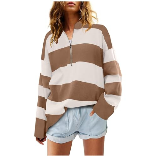 Striped Sweatshirt Women Womens Half Zipper Sweatshirts Trendy Stripe Print Lightweight Shirts Fall Overiszed Long Sleeve Pullover Tops Striped Henley Sweatshirts for Women09100015 | Amazon (US)