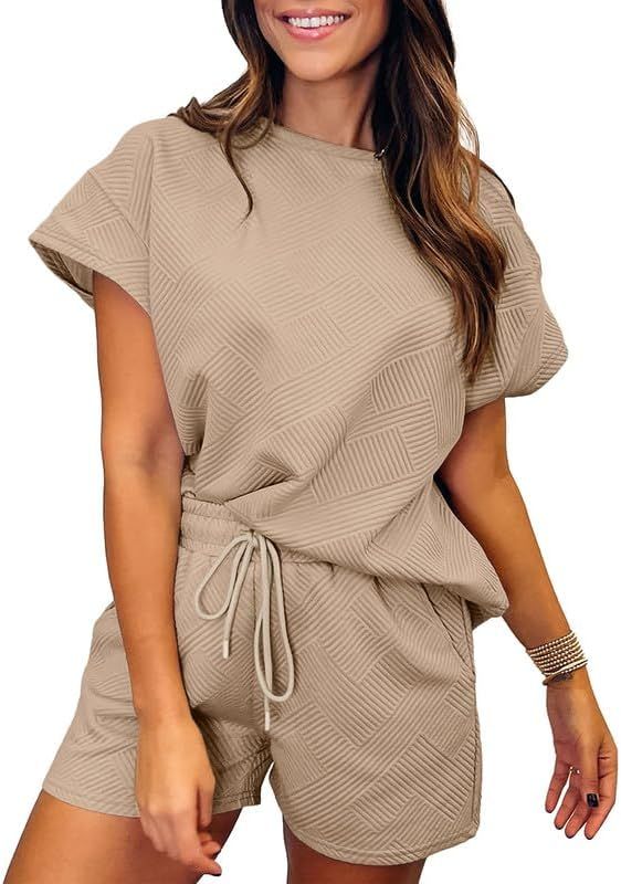 SHEWIN Women's 2 Piece Outfits Lounge Sets Casual Short Sleeve Shirts Shorts Cozy Pajamas Sweatsu... | Amazon (US)