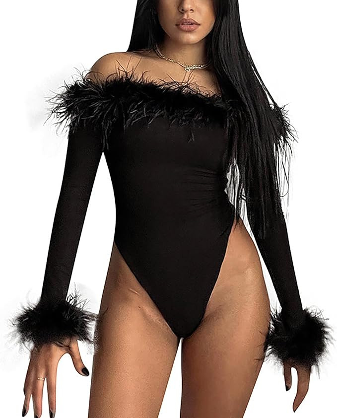 Black Bodysuit Women Shapewear Long Sleeve Off Shoulder Feather Trimmed Bodysuit Top Slim Fit | Amazon (US)