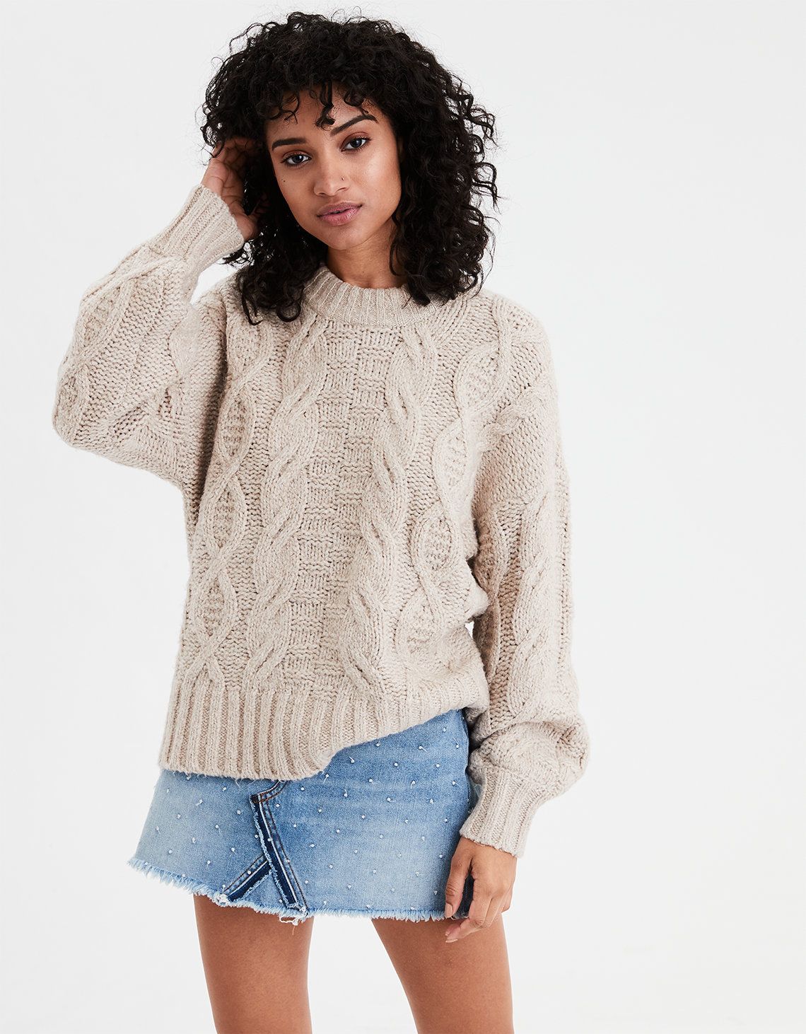 AE Chunky Cable Knit Pullover, Oatmeal | American Eagle Outfitters (US & CA)