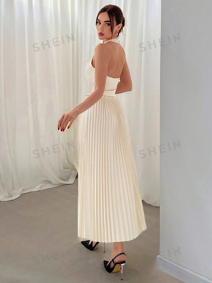 SHEIN Aloruh Ladies' Valentine's Day Halter Neck Single Breasted Vest And Pleated Skirt Two Piece... | SHEIN