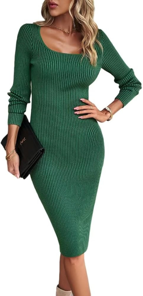 Bodycon Sweater Dress Square Neck Long Sleeve Ribbed Knit Midi Dress for Women | Amazon (US)