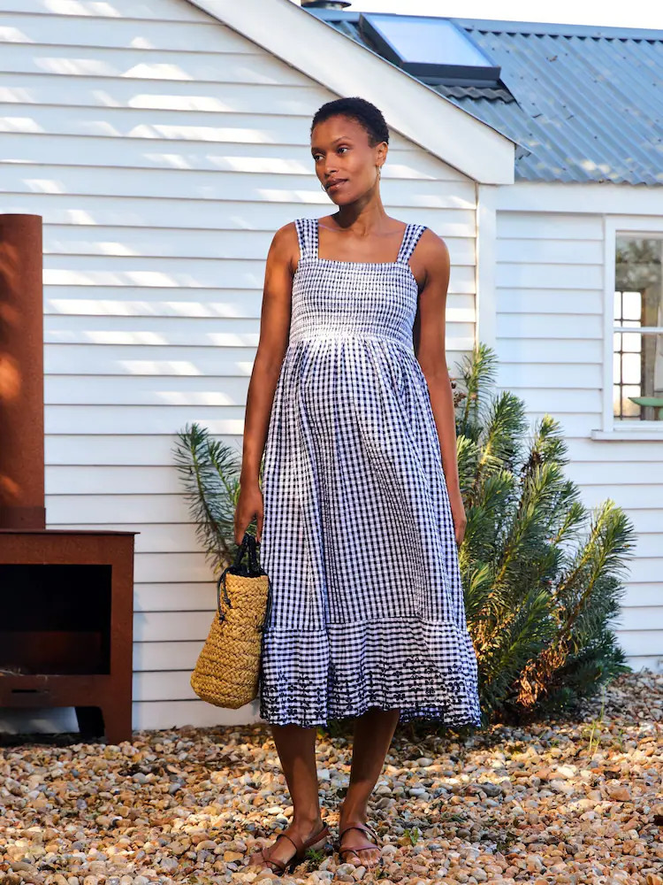 JoJo Maman B\u00e9b\u00e9 Navy Blue Shirring Gingham Maternity Midi Dress | Next US