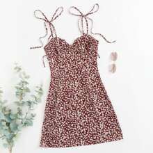 Tie Shoulder Ruched Bust Ditsy Floral Dress | SHEIN