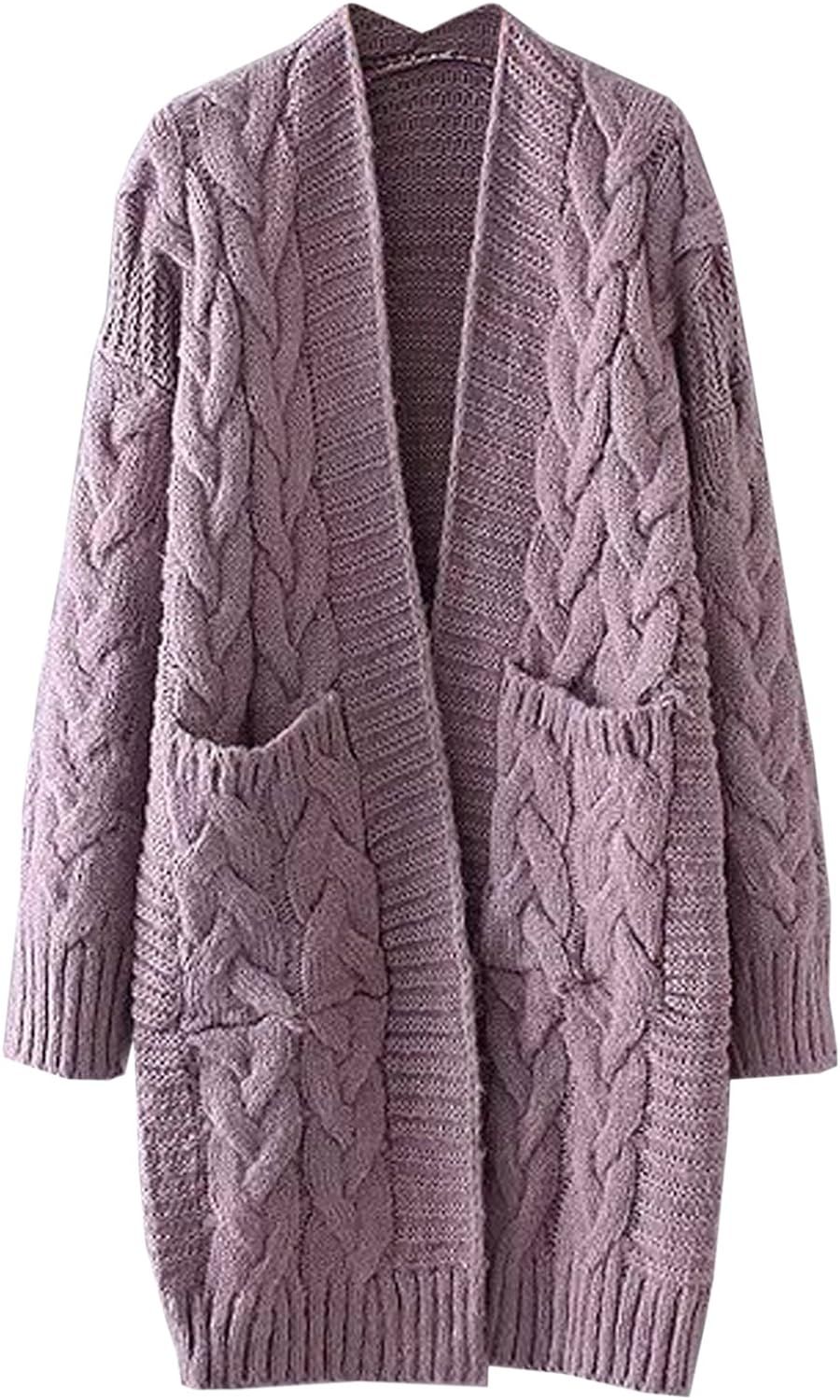 futurino Women's Chunky Twist Knitted Open Front Patch Pocket Long Cardigan Oversized Coat | Amazon (US)