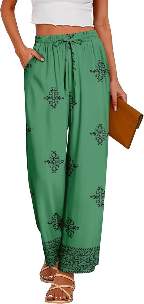 CRAZY GRID Womens Spring Summer Flowy Pants Loose Fit Beach Pants Drawstring Waist Wide Legs with... | Amazon (US)