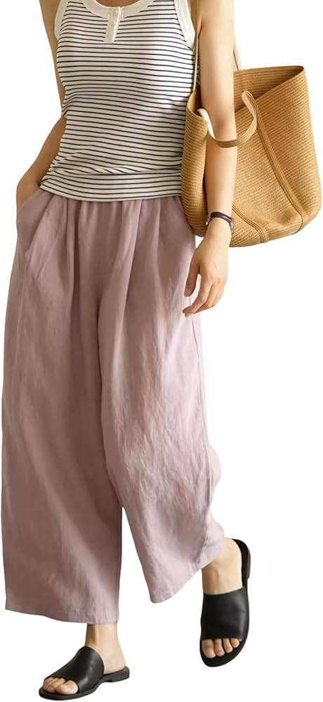Yeokou Womens Linen Pants Summer Casual Capris Cropped Wide Leg Beach Trousers with Pockets | Amazon (US)