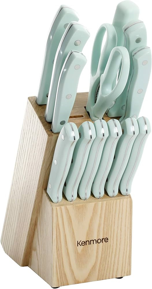 Kenmore Kane Stainless Steel Forged Triple Riveted Cutlery Knife Block Set, 14-Piece, Glacier Blu... | Amazon (US)