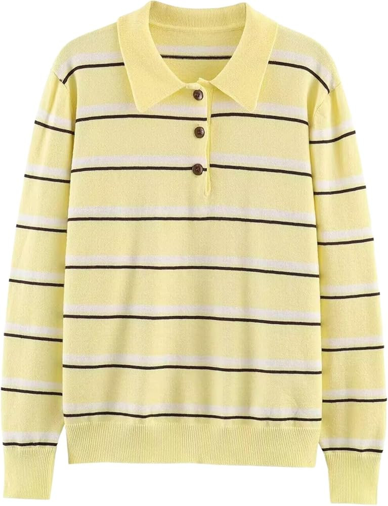 Chevara Women’s Striped Combined Knit Polo Shirt Stylish Oversized Polo Collar Long Sleeve Pull... | Amazon (US)