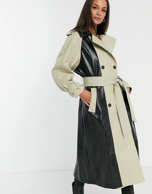 ASOS DESIGN spliced vinyl trench coat in stone and black | ASOS (Global)