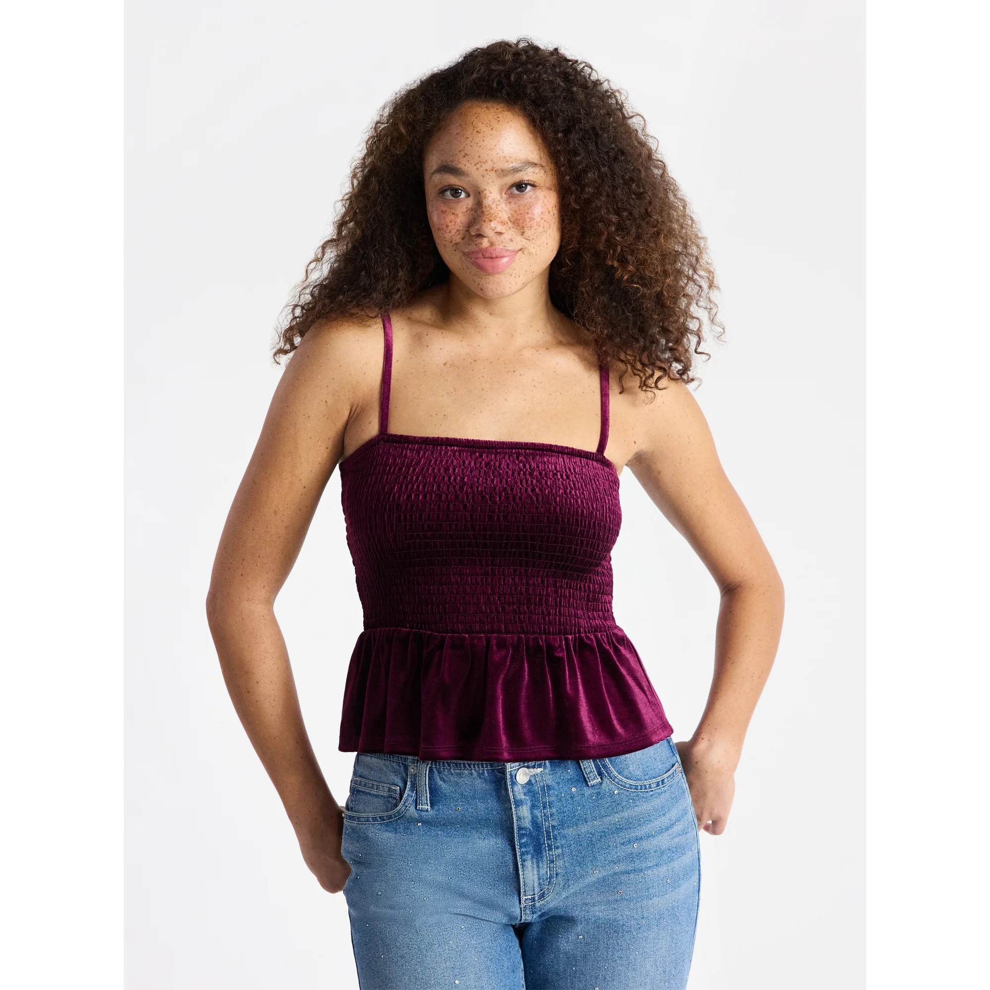 No Boundaries Velvet Smocked Peplum Cami, Women's | Walmart (US)