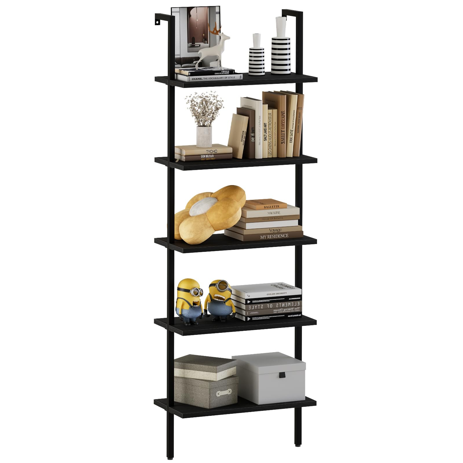 aboxoo Ladder Shelf Open 5-Tier Bookshelf Wall-Mounted Black Wood Bookcase Storage Rack Open Indu... | Amazon (US)