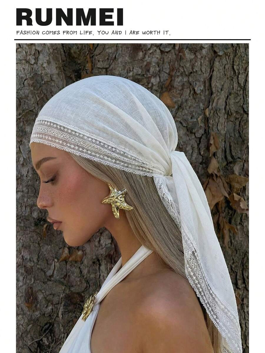 1pc Women's Elegant Solid Color Square Lace Trim Headscarf, Multifunctional As Shawl And Hair Acc... | SHEIN