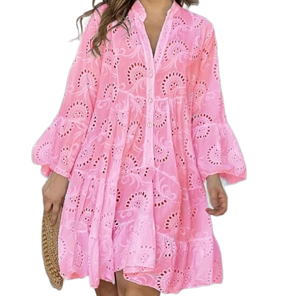 2025 Women's Vintage Solid Embroidery Hollow Out V-Neck Loose Short Beach Summer Dress | Amazon (US)