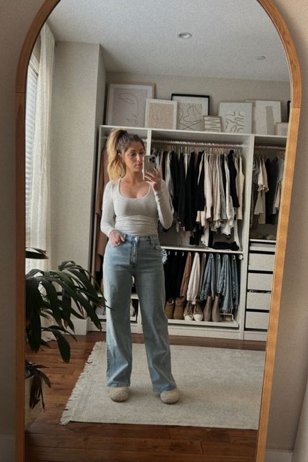 This gray scoop neck bodysuit from Abercrombie is one of my favorites - it’s thick and stretchy. I’m wearing an XS bodysuit and a size 27 short in the 90s jeans! On sale for 25% off through the LTK app only! 

#LTKsalealert #LTKstyletip #LTKxAF