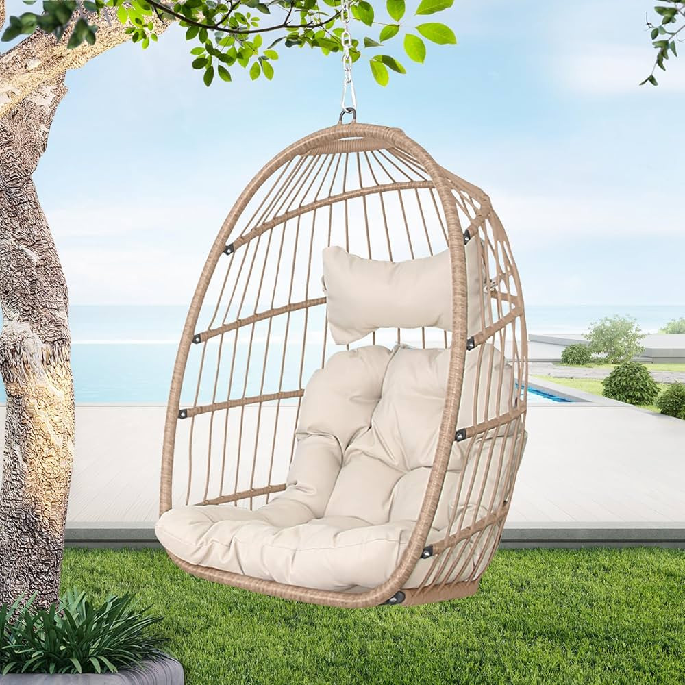 BULEXYARD Hanging Egg Chair Without Stand 350lbs Capacity, Beige Wicker Swing Egg Chair with Beig... | Amazon (US)