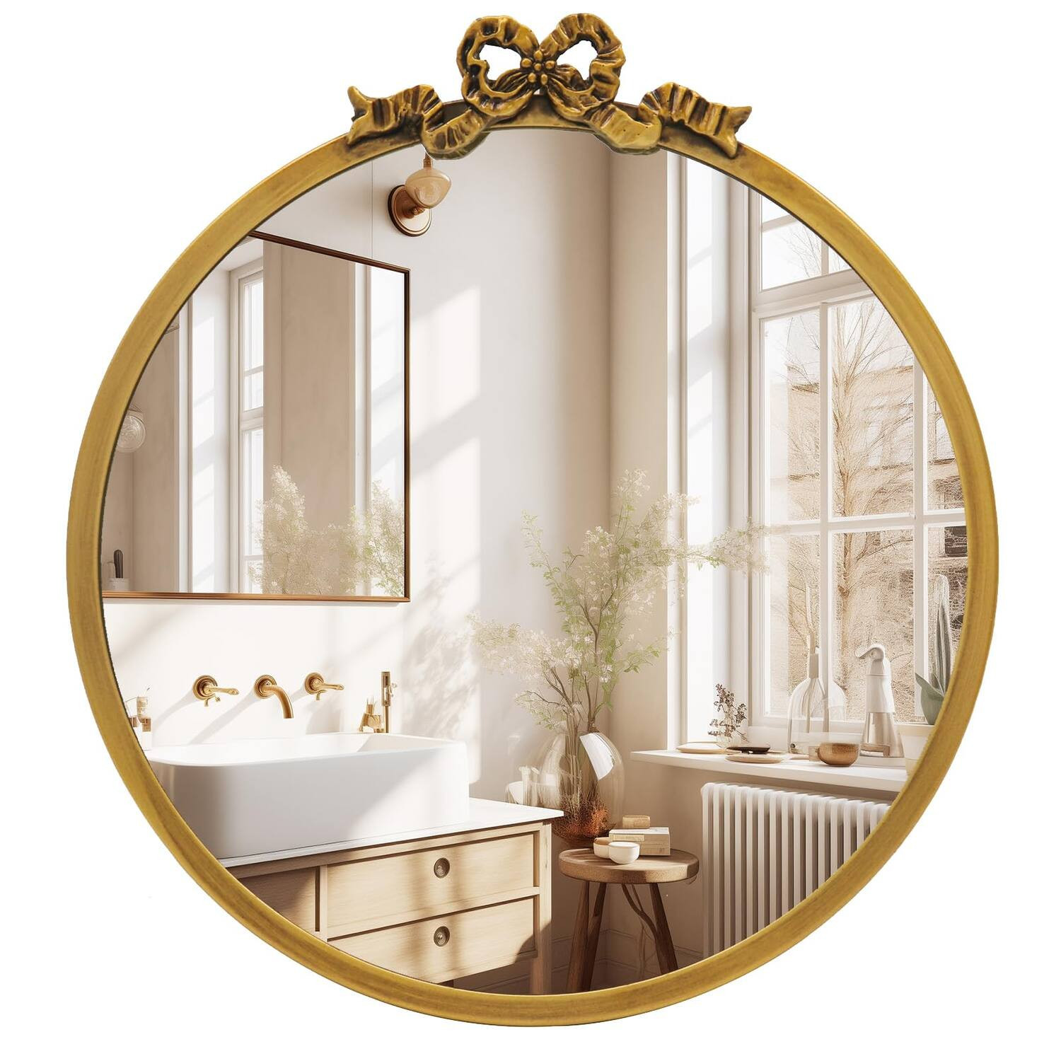Cedar Assembly - Vintage Round Wall Mirror Bathroom Vanity Mirrors Decorative Antique Metal Ornate Circle Baroque Home Bow - Gold-24.6""L x 23.6""W | Best Buy U.S.