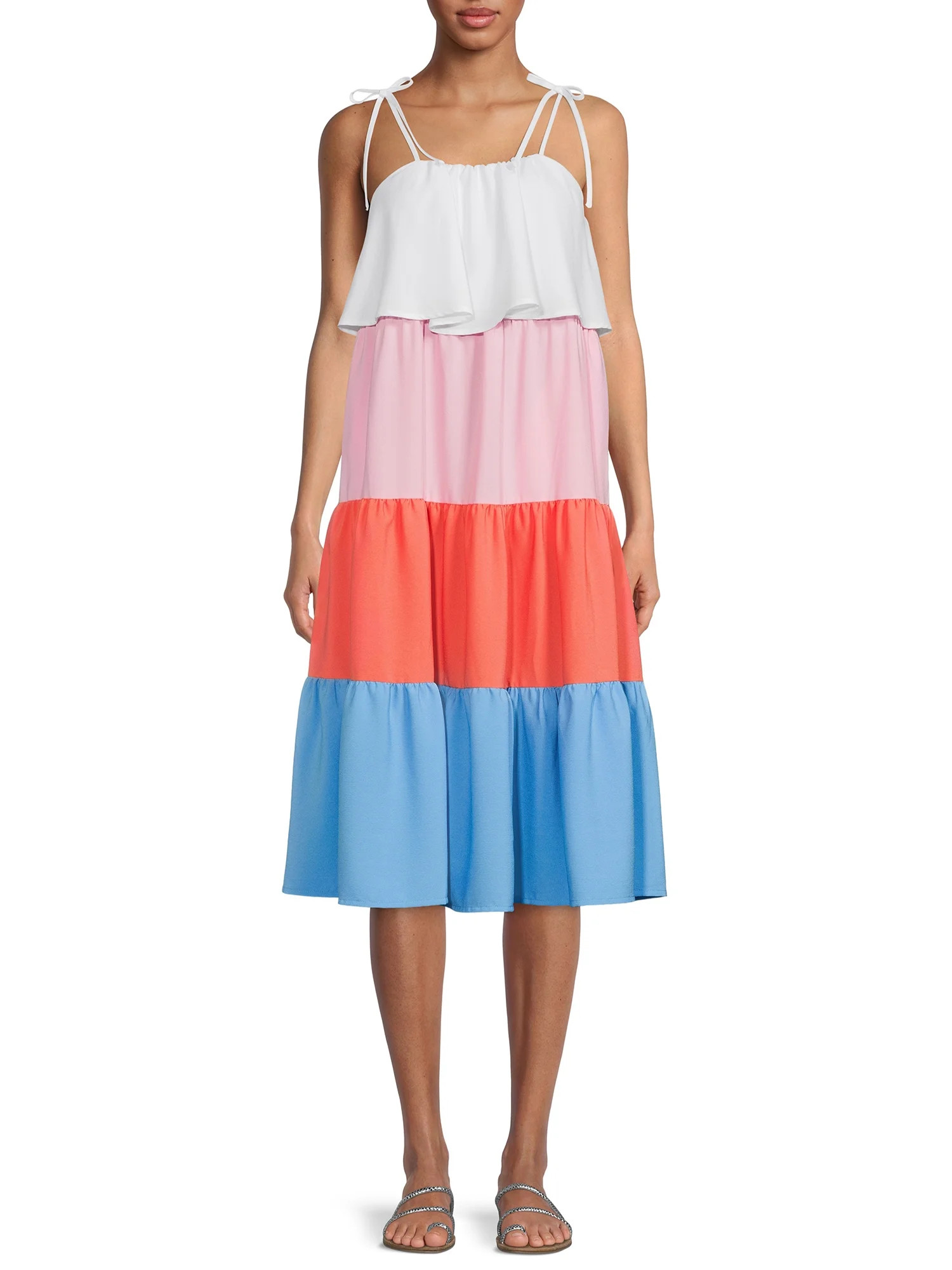 Time and Tru Women's Tie Shoulder Colorblock Midi Dress | Walmart (US)
