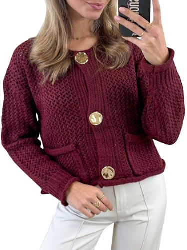 Rixiland Women's Cropped Cardigan Sweaters Chunky Knit Gold Button Down Long Sleeve Open Front Cardigan with Pockets (Burgundy-S) | Amazon (US)