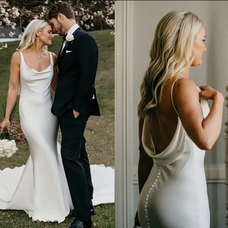 Cowl Neck Sweep Brush Train Buttons Mermaid Wedding Dress - Etsy | Etsy (US)