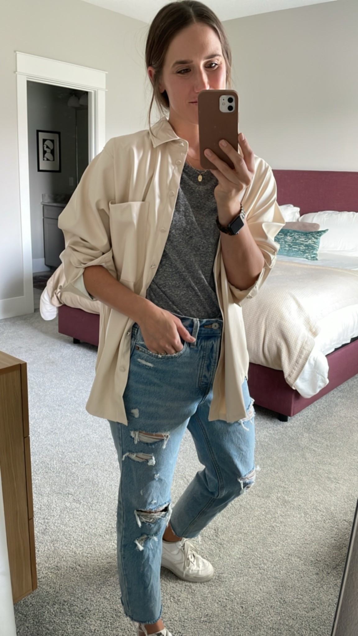 A casual fall outfit.🍂 Faux leather button down, basic $12 tee, distressed denim & sneakers. Doesn’t get much easier than that. #walmartfashion #targetfinds #jeans #oldnavy #ltkunder25 #targetstyle #fall #falloutfit #buttondown #fauxleather 

#LTKstyletip #LTKworkwear #LTKunder50