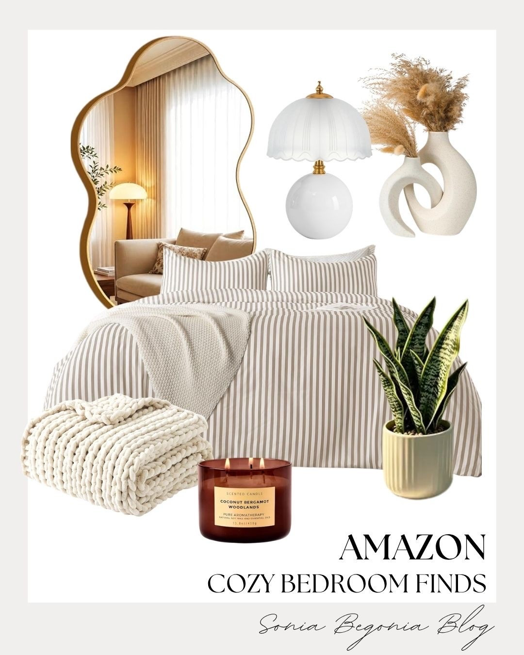Transform your bedroom into a warm, serene sanctuary with these cozy Amazon home finds! 🛏️ 

Neutral striped bedding and plush knit throws bring instantly relaxed, textured warmth to any space.
I styled this look with an wavy gold mirror, chic glass table lamp, ceramic vase set, and ambient candle! ✨

#amazonhome #cozybedroom #bedroomdecor #neutralhome #homefinds #aestheticdecor #ltkhome #interiorinspo

#LTKHome