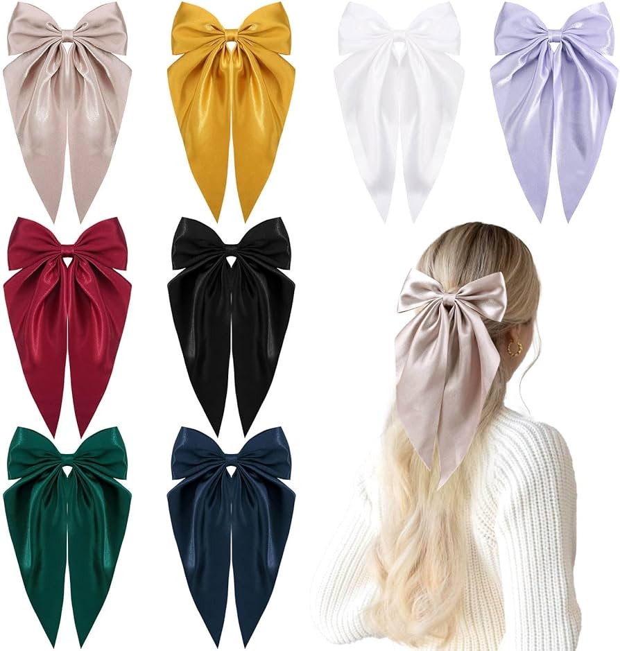 8Pcs Satin Layered Hair Bows for Women Girls, 6.5 Inch Large Barrette Hair Clip Long Ribbon Bows ... | Amazon (US)
