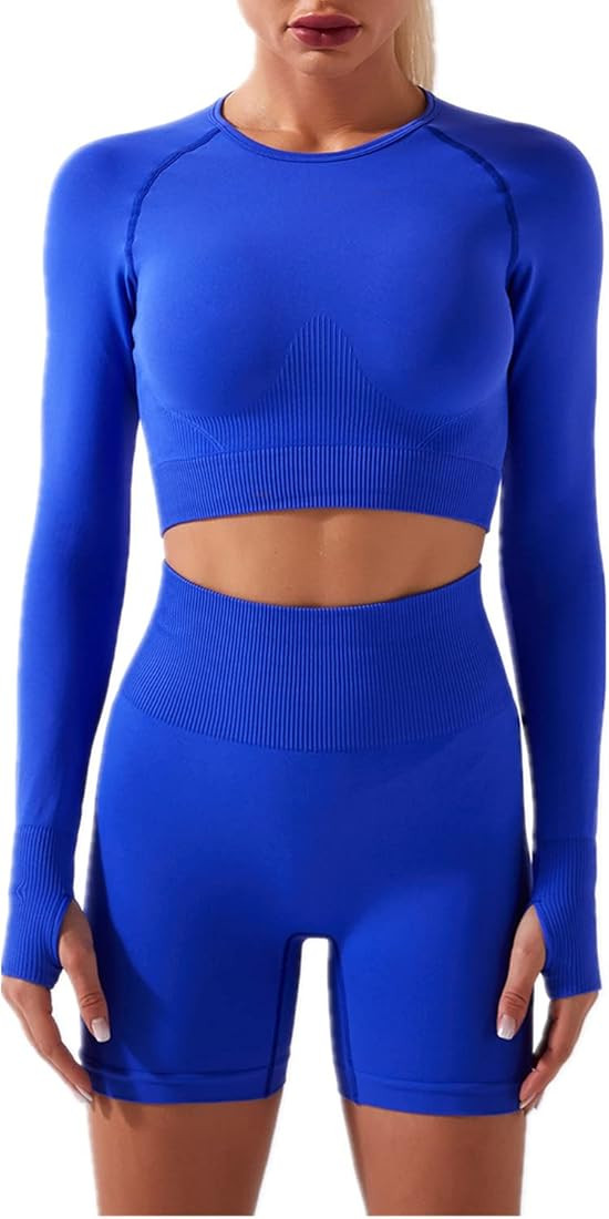 Women Seamless Yoga Outfits 2 Piece Workout Short Sleeve Crop Top with High Waisted Running Short... | Amazon (US)