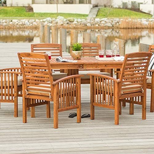 Walker Edison Rendezvous Modern 7 Piece Solid Acacia Wood Outdoor Dining Set, Set of 7, Brown | Amazon (US)