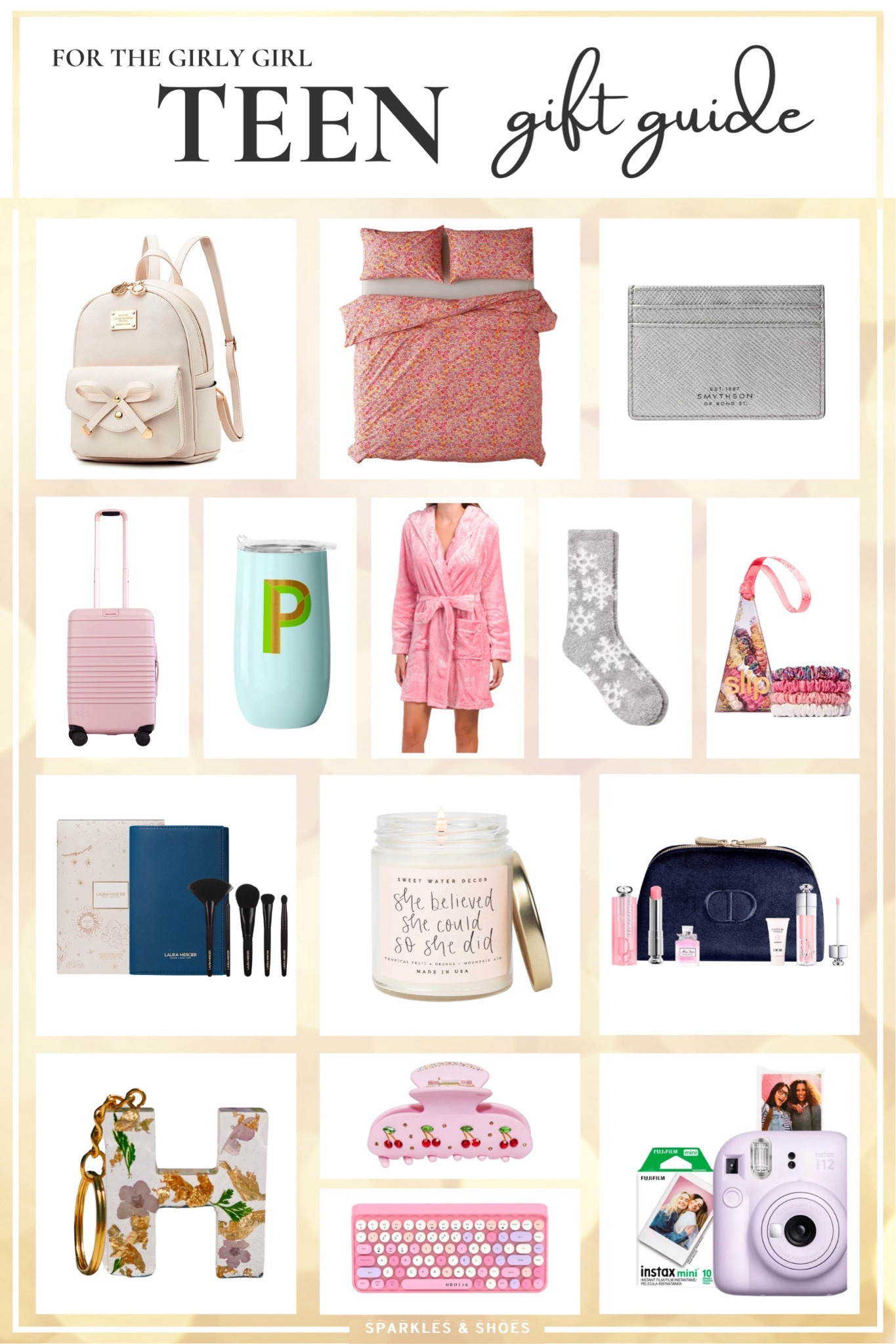Sparkles & Shoes has two teen gift guides this year - these are the best picks for those girl girls!

bowknot backpack // floral duvet set // metallic card holder
suitcase // tumbler // bathrobe // snowflake socks // silk hair ties
makeup brushes // candle // Dior beauty set
flower keychain // pink hair clip // keyboard cover // Instax camera


#LTKGiftGuide #LTKkids #LTKbaby