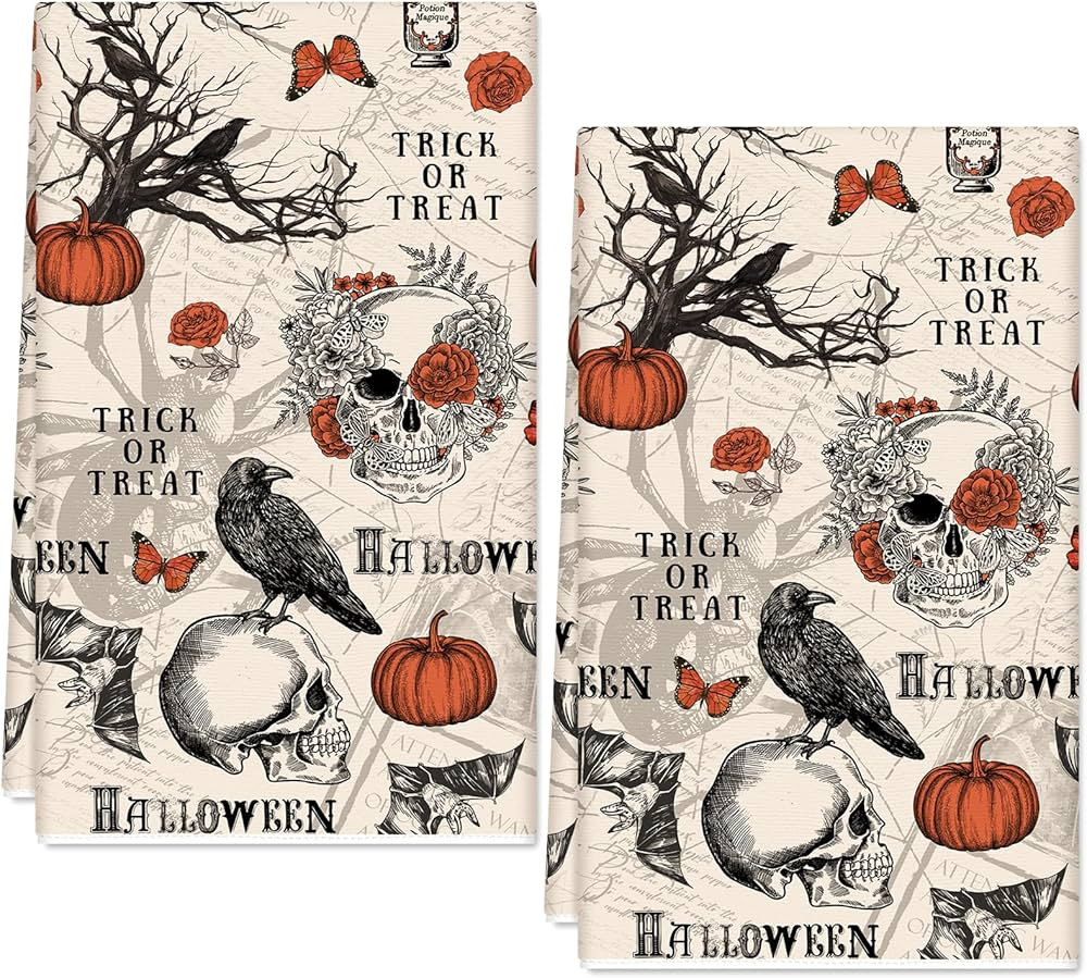 Halloween Kitchen Towels Retro Gothic Crow Skull Pumpkin Dish Towel Hand Drying Tea Towel for Coo... | Amazon (US)