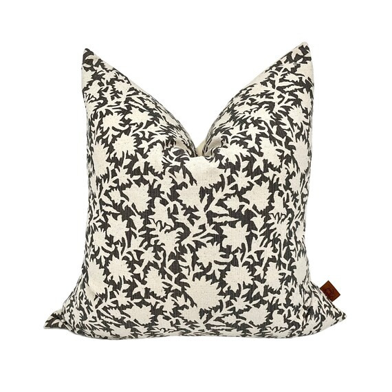 BELLA || Black Floral Handblock Pillow Cover, Dark Gray Black Cream Neutral Home Decor, Floral Pi... | Etsy (US)