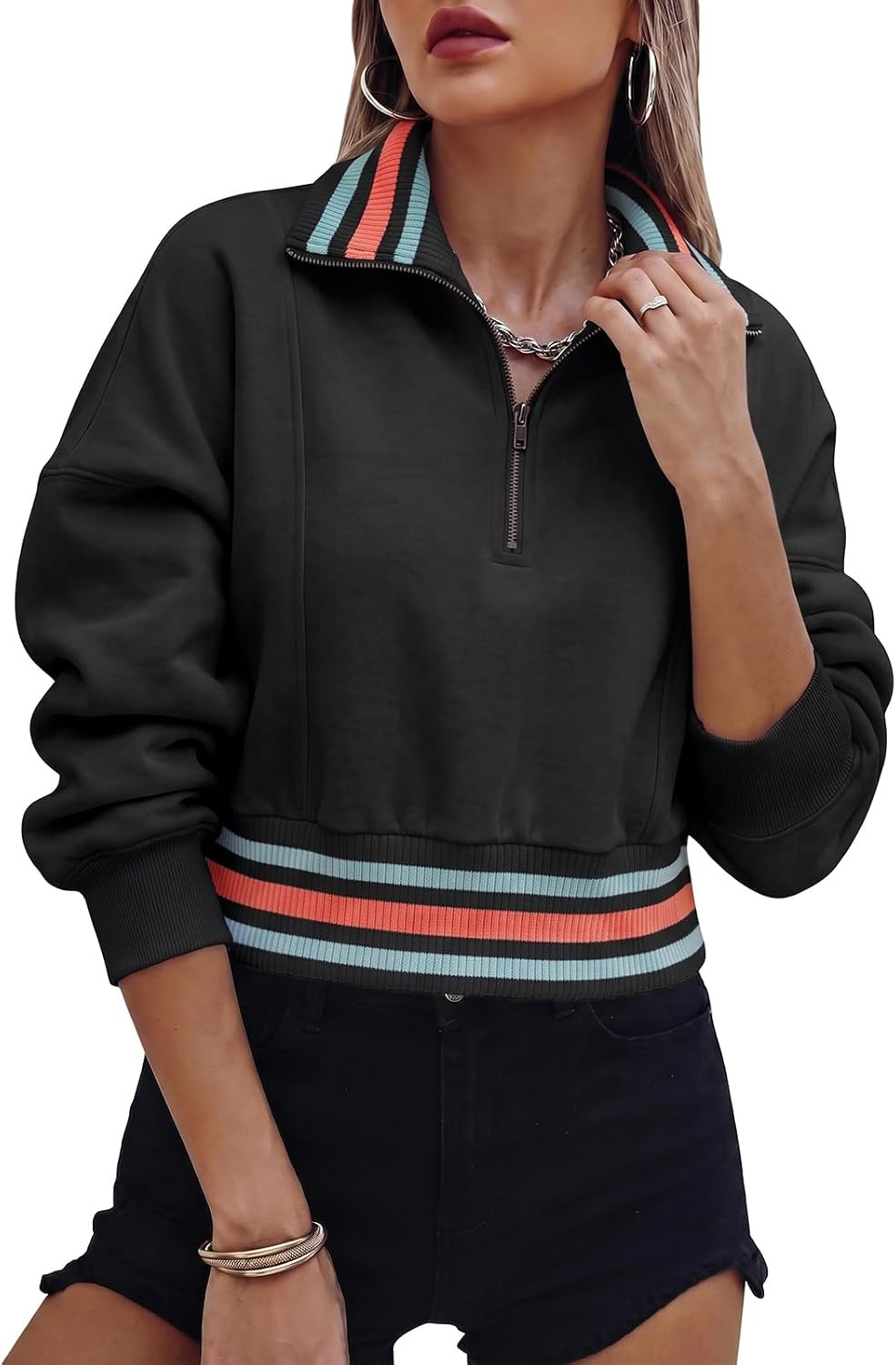Fisoew Womens Half Zip Crop Pullover Sweatshirt Stripe Long Sleeve Jacket | Amazon (US)