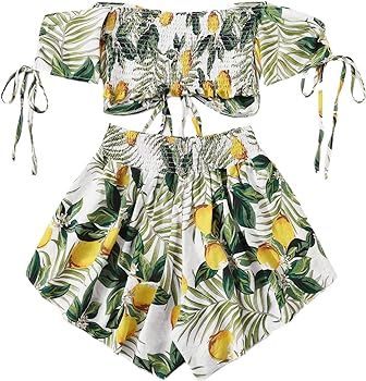 SheIn Women's Boho Floral Two Piece Outfit Off Shoulder Drawstring Crop Top and Shorts Set Medium... | Amazon (US)