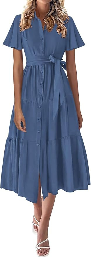 KIRUNDO Summer Button Down Wedding Guest Shirt Dresses for Women Maxi Flutter Short Sleeve Flowy ... | Amazon (US)