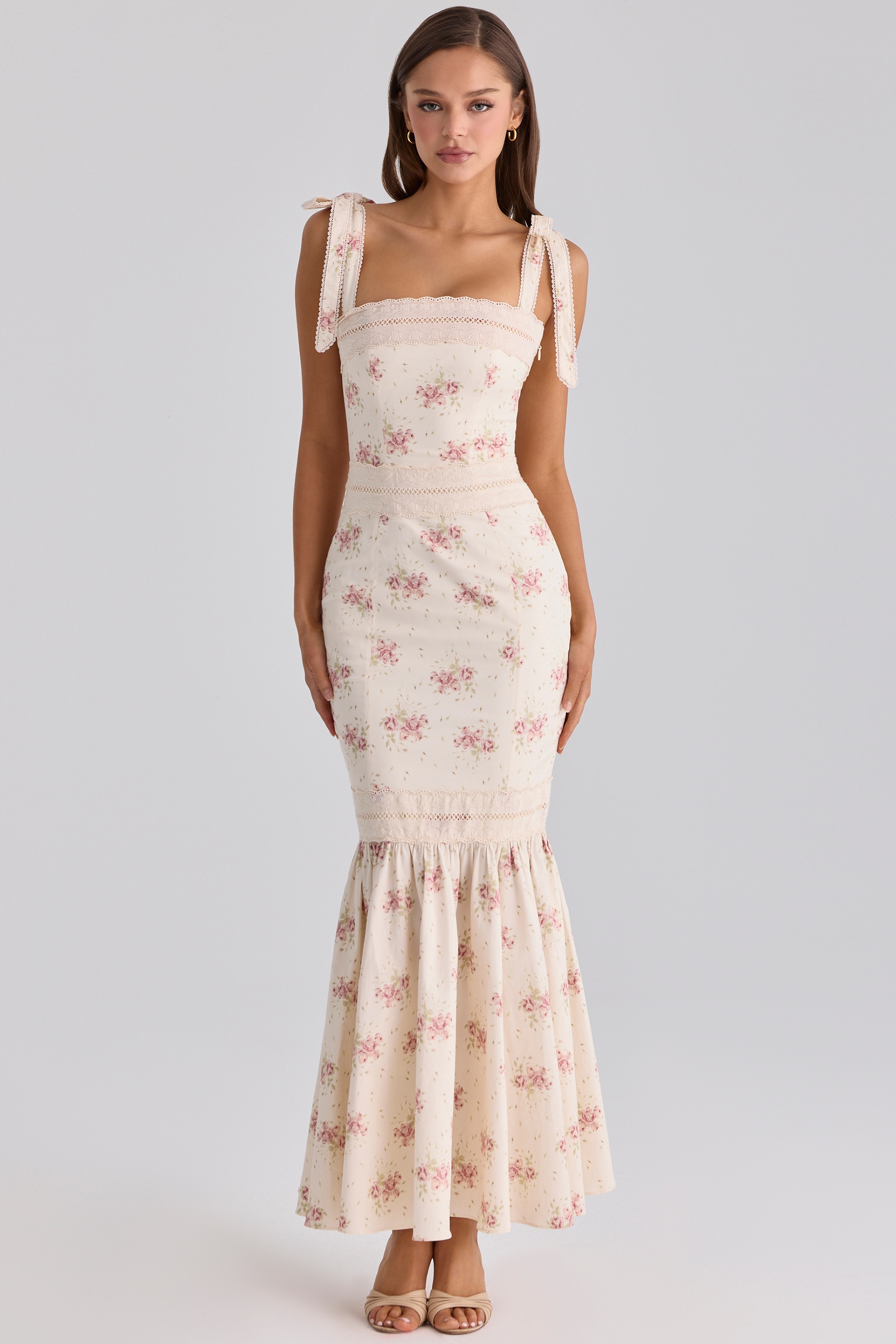 ivory vintage rose print cotton + lace maxi dress | House of CB