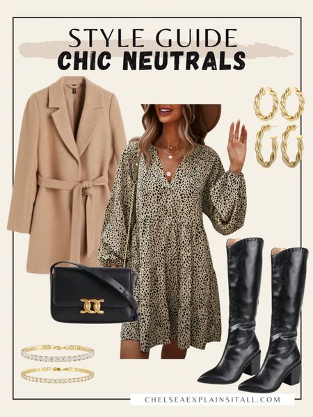 Chic neutral outfit inspo for fall and winter. For a fun statement swap the boots for red knee high or the bag for a pop of color. But loving this Celine inspired bag, Amazon dress super affordable, gold jewelry (bracelets and earrings) and wide calf friendly knee boots. Topped with a tan peacoat. 

H&m, fall style, fall outfit, leopard dress, black boots, black bag, hoop earrings, amazon style, amazon finds 

#LTKshoecrush #LTKsalealert #LTKfindsunder50