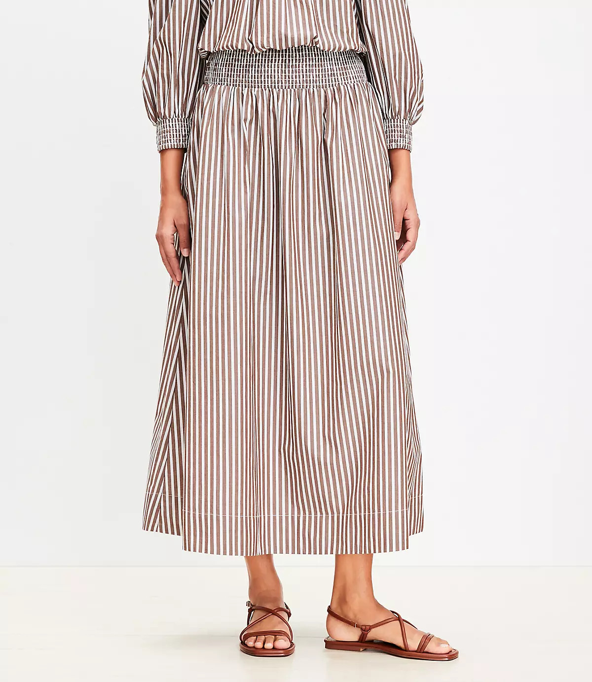 LOFT Beach Striped Poplin Smocked Midi Pocket Skirt | LOFT